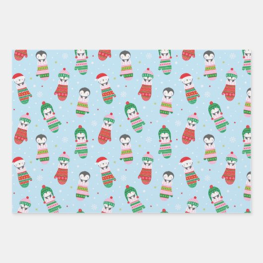 Schattigee kerstpinguïns in gebreide wanten inpakpapier vel (Voorkant)