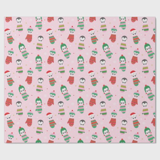 Schattigee kerstpinguïns in wanten lichtroze cadeaupapier (Vlak)