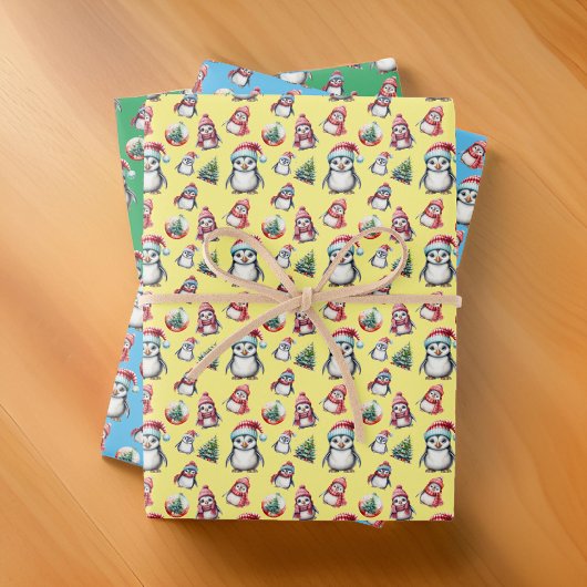 Schattigee kerstpinguïns op geel groen en blauw inpakpapier vel