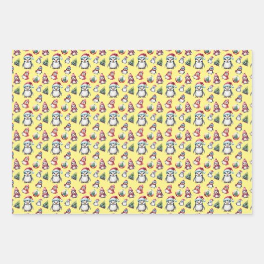 Schattigee kerstpinguïns op geel groen en blauw inpakpapier vel (Voorkant)