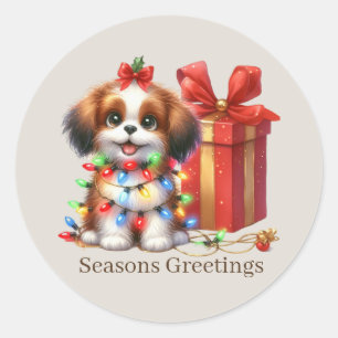 Schattigee kerstpuppy aanpasbare seizoenen Groet Ronde Sticker