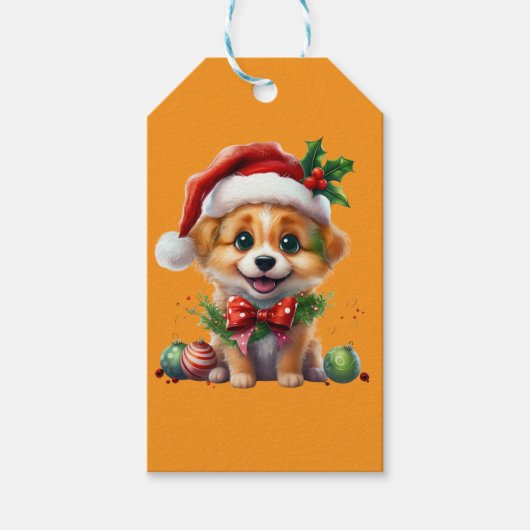 Schattigee kerstpuppy met kerstmuts en strik cadeaulabel (Voorkant)