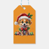 Schattigee kerstpuppy met kerstmuts en strik cadeaulabel (Achterkant)