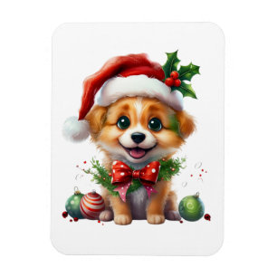 Schattigee kerstpuppy met kerstmuts en strik magneet