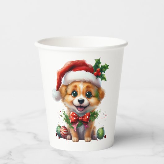 Schattigee kerstpuppy met kerstmuts en strik papieren bekers (Voorkant)