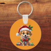 Schattigee kerstpuppy met kerstmuts en strik sleutelhanger (Achterkant)