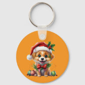 Schattigee kerstpuppy met kerstmuts en strik sleutelhanger (Achterkant)