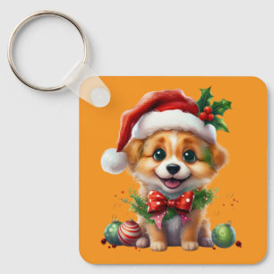 Schattigee kerstpuppy met kerstmuts en strik sleutelhanger