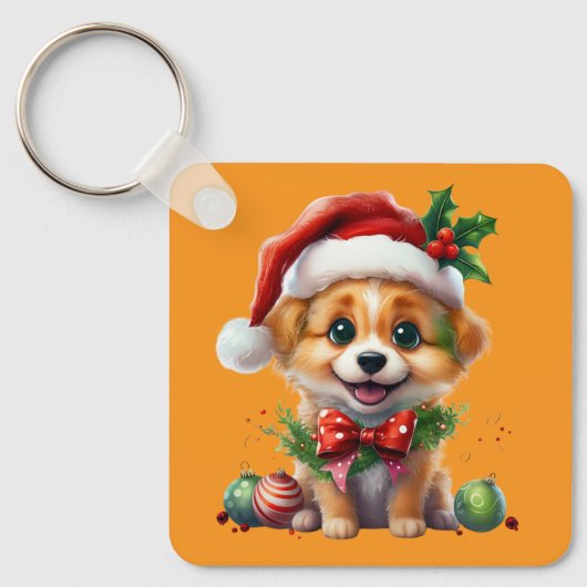 Schattigee kerstpuppy met kerstmuts en strik sleutelhanger (Voorkant)