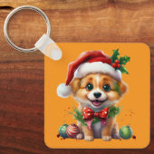 Schattigee kerstpuppy met kerstmuts en strik sleutelhanger (Voorkant)