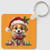 Schattigee kerstpuppy met kerstmuts en strik sleutelhanger (Achterkant)