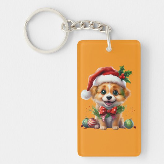 Schattigee kerstpuppy met kerstmuts en strik sleutelhanger (Voorkant)