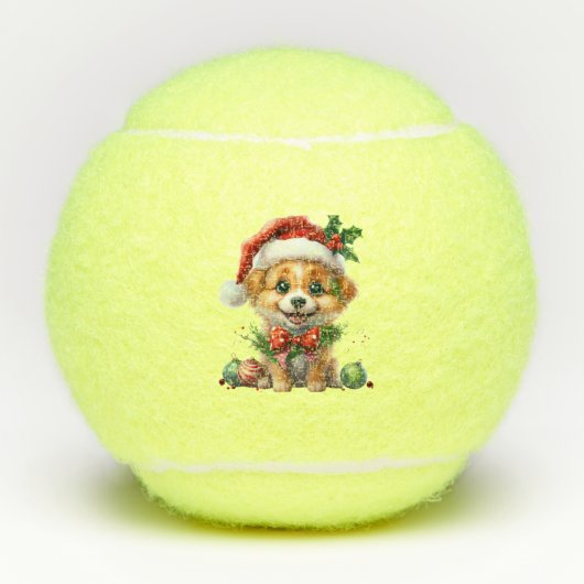 Schattigee kerstpuppy met kerstmuts en strik tennisballen (Voorkant)