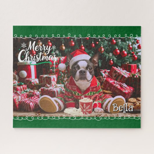 Schattigee kerstpyjama van de Boston Terrier geper Legpuzzel (Horizontaal)