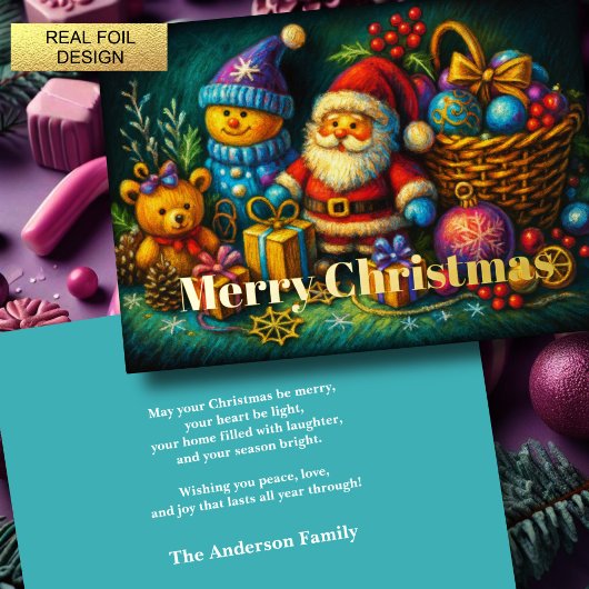 Schattigee kerstscène van speelgoed en Ornamenten Folie Feestdagenkaart