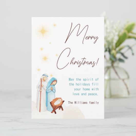 Schattigee kerststal Baby Jesus Feestdagenkaart (Staand voorkant)