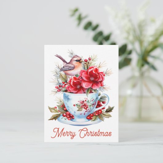 Schattigee kerstthee kardinaal bloementheekopje briefkaart (Staand voorkant)