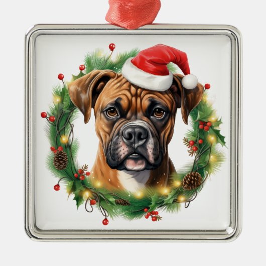 SCHATTIGEE KERSTVAKANTIE BOKSER DOG & KRANS METALEN ORNAMENT (Voorkant)