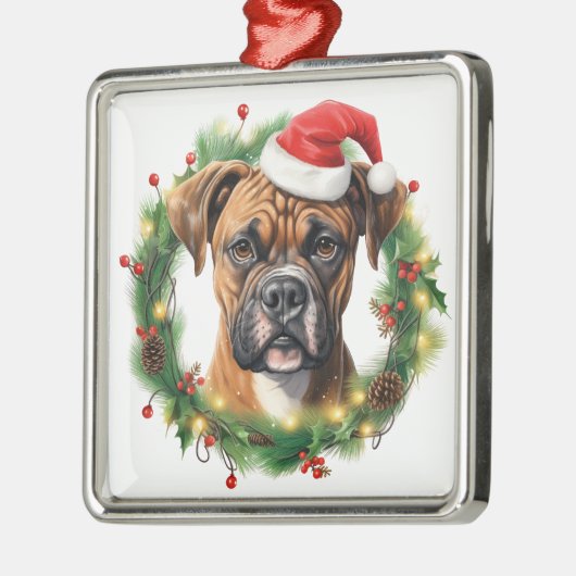 SCHATTIGEE KERSTVAKANTIE BOKSER DOG & KRANS METALEN ORNAMENT (Links)