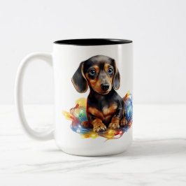 SCHATTIGEE KERSTVAKANTIE DACHSHUND PUPPY DOG TWEEKLEURIGE KOFFIEMOK