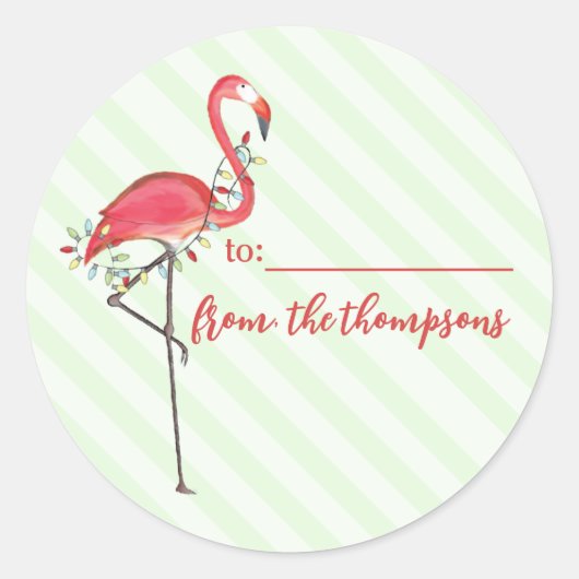 Schattigee kerstvakantie lichten roze flamingo str ronde sticker (Voorkant)