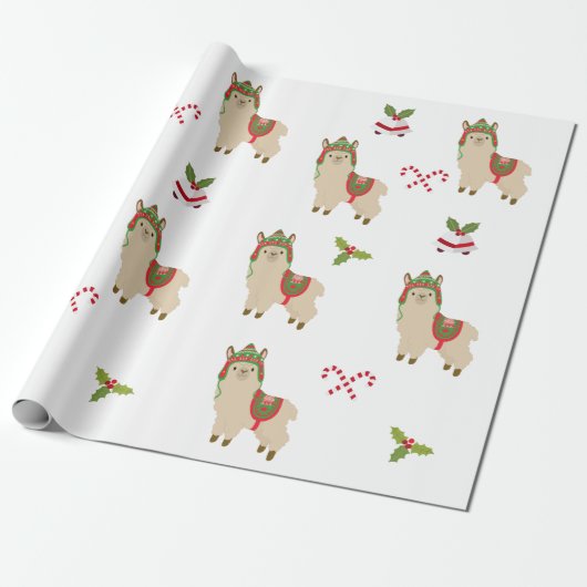 Schattigee kerstvakantie Llama Alpaca Cadeaupapier (Uitgerold)