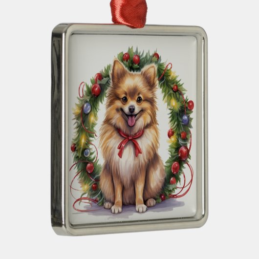 SCHATTIGEE KERSTVAKANTIE POMMERSE HOND & KRANS METALEN ORNAMENT (Rechts)