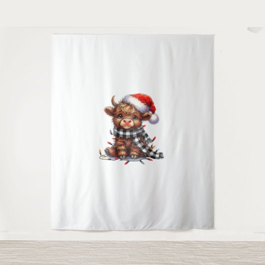 Schattigee kerstverlichting Highland Koe Funny Chr Wandkleed (Voorkant)