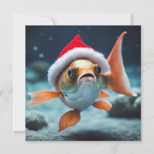 Schattigee kerstvis met kerstmuts feestdagenkaart
