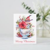 Schattigee Kerstvogel Holly Bloemen Theekopje Briefkaart (Staand voorkant)