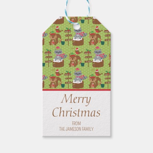 Schattigee kerstwasbeer en eekhoorn & sneeuwvlokke cadeaulabel (Voorkant)