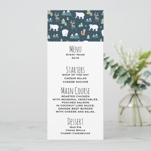 Schattigee Kerstwinter Dieren Rustiek Patroon Menu Kaart (Staand voorkant)