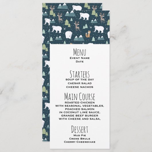 Schattigee Kerstwinter Dieren Rustiek Patroon Menu Kaart (Voorkant / Achterkant)