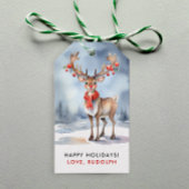 Schattigee Kerstwinter Rudolph Rendier Waterverf Cadeaulabel