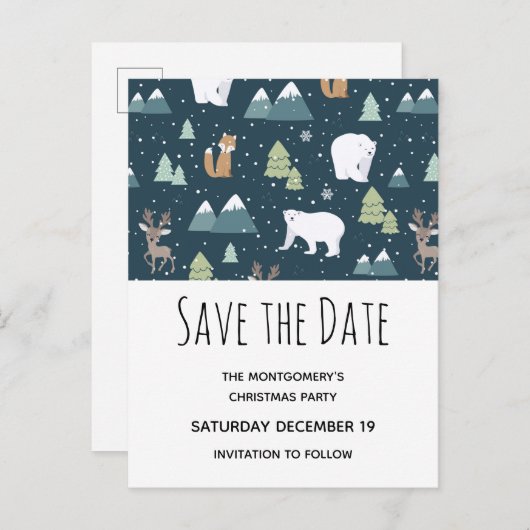 Schattigee kerstwinterdieren sparen de datum uitnodiging briefkaart (Voorkant / Achterkant)
