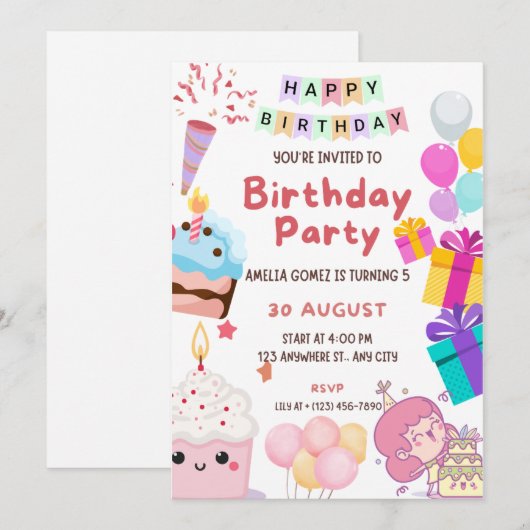 Schattigee Kids Verjaardag Uitnodiging - Kleurrijk (Voorkant / Achterkant)