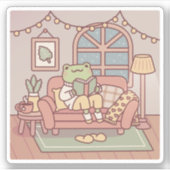 Schattigee kikker die een boek leest in een gezell sticker (Voorkant)