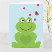 Schattigee kikker en vlinder.Happy Birthday Kaart (Gele Bloem)