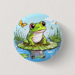 Schattigee kikker en vlinders op Lily Pad Ronde Button 3,2 Cm