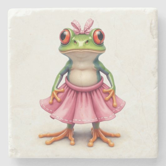 Schattigee kikker in roze stenen onderzetter (Voorkant)