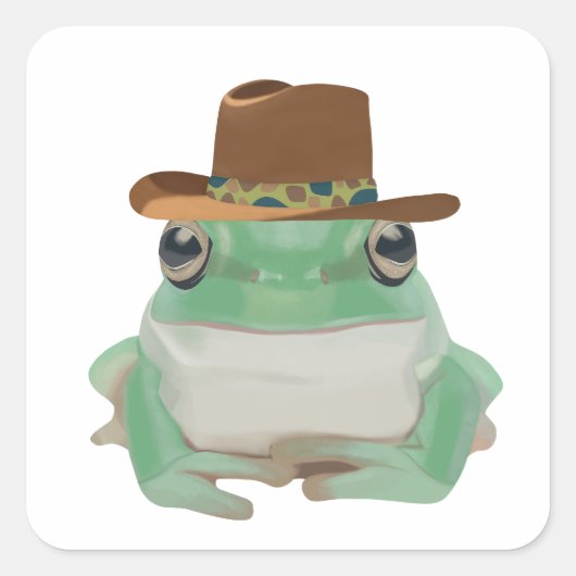 Schattigee kikker met cowboy Pet Vierkante Sticker (Voorkant)
