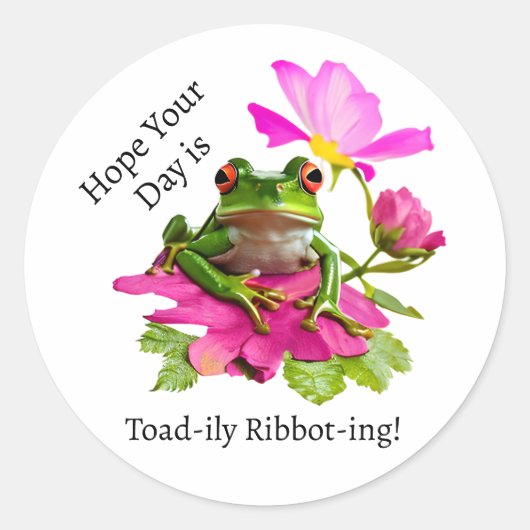 Schattigee kikker of Toad Pun op Pink Flowers Ronde Sticker (Voorkant)