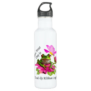 Schattigee kikker of Toad Pun op Pink Flowers Waterfles