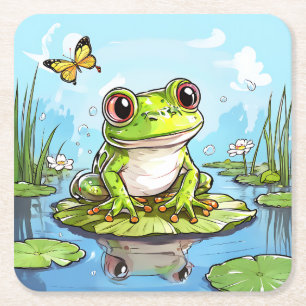 Schattigee kikker op een Lily Pad Schattige gepers Kartonnen Onderzetters