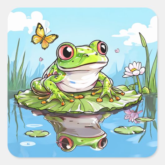 Schattigee kikker op een Lily Pad Schattige Vierkante Sticker (Voorkant)