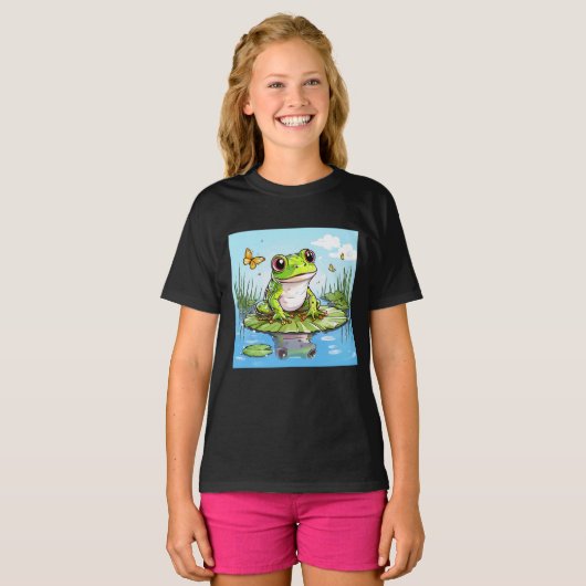Schattigee kikker op een Lily Pad T-shirt (Voorkant volledig)