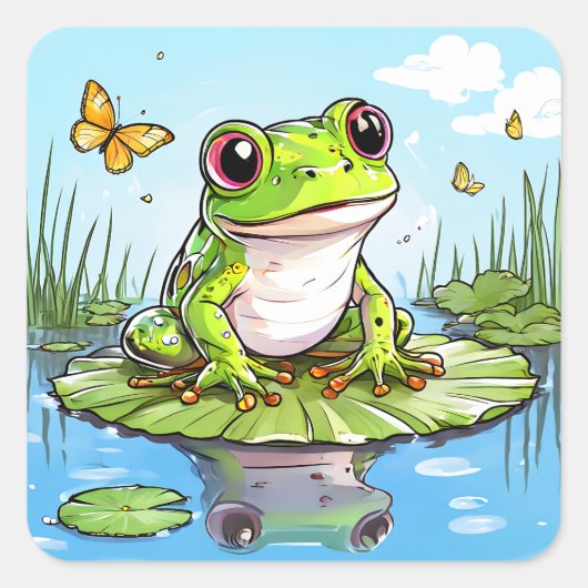 Schattigee kikker op een Lily Pad Vierkante Sticker (Voorkant)