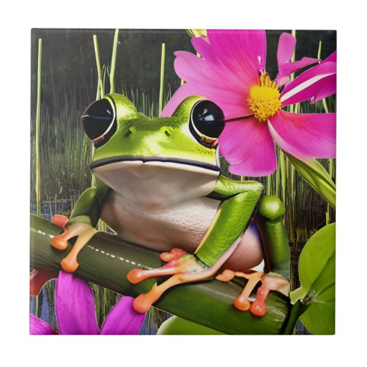 Schattigee kikker op roze bloementak tegeltje (Voorkant)