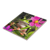 Schattigee kikker op roze bloementak tegeltje (Zijkant)