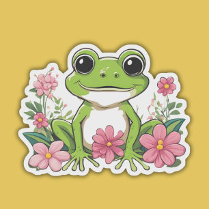 Schattigee kikker Zittend in Bloemen Waterdicht Sticker